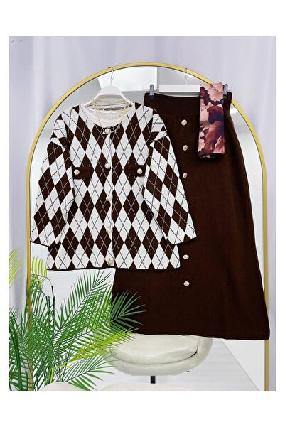 YEDİLALE Gold Buttoned Baklava Pattern Cardigan Skirt Knitwear Double Set [Jacket and Skirt Are Included in the Price.]