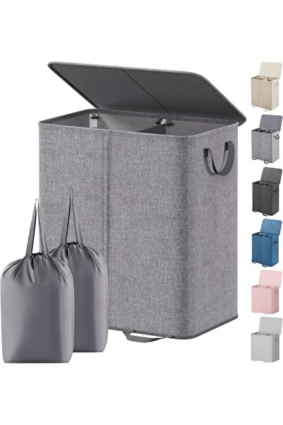 Lifewit Double Laundry Hamper with Lid and Removable Laundry Bags, 136L, Gray