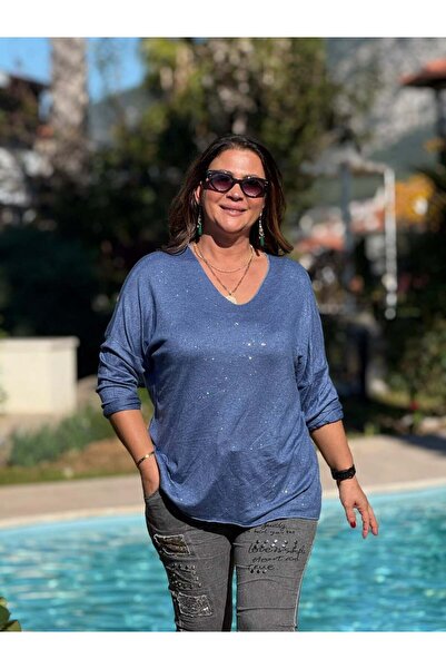 Punta Otantik NC82581 Πλεκτό μπλουζάκι με λαιμόκοψη σε σχήμα V μπλε