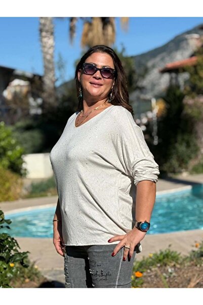 Punta Otantik Nc82581 Glitter V-Neck Knitwear Blouse Cream