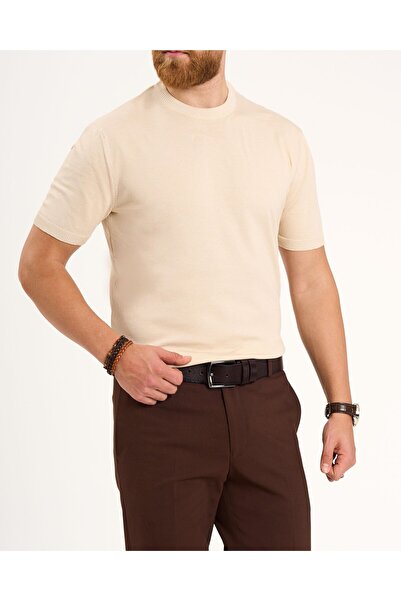 TerziAdemAltun Italian Style S Slim Fit Crew Neck Knitwear T-Shirt Beige T13140