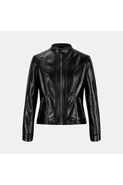 Desa Women's Black Judge Collar Fit Leather Jacket