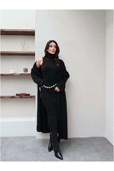 ESRAHELVACI Corded Fabric Turtleneck Dress Cardigan Set