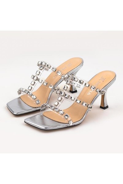 BONO Women's Silver Chunky Crystal Stone Banded Goblet Heeled Evening Dress Heeled Slippers Sandals
