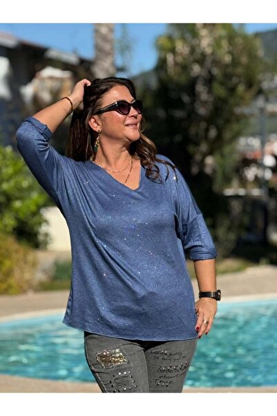 Punta Otantik NC82581 Πλεκτό μπλουζάκι με λαιμόκοψη σε σχήμα V μπλε