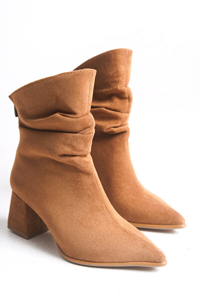 ELAIA SHOES Γυναικείες μπότες με τακούνι ARIA Tan Suede με φερμουάρ στο πίσω μέρος λεπτομέρεια με σούρες