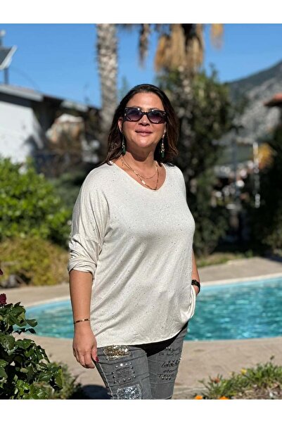 Punta Otantik Nc82581 Glitter V-Neck Knitwear Blouse Cream