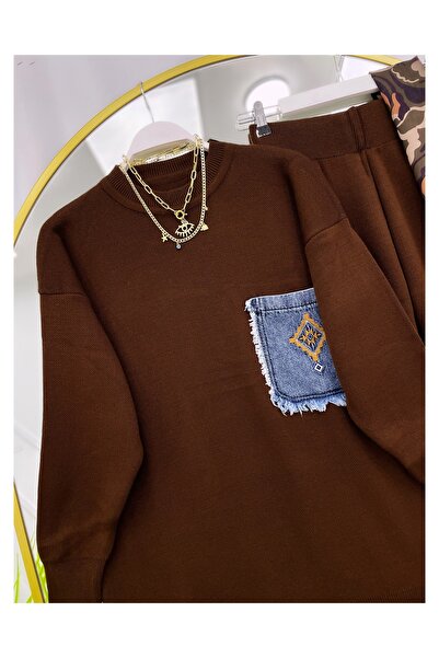 YEDİLALE Denim Pocketed Casual Knitwear Double Set [Standard Size, Includes Tunic and Pants]