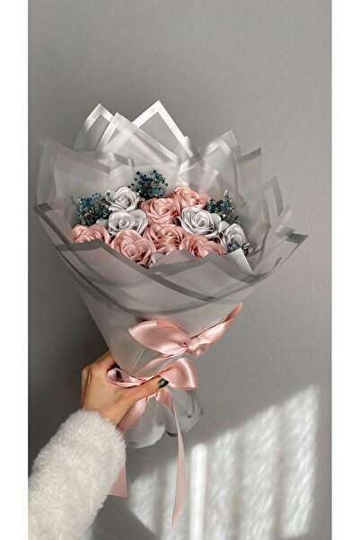 Buketim Seninle باقة من 13 وردة غير قابلة للتلاشي بلون وردي فاتح ورمادي، زهرة...