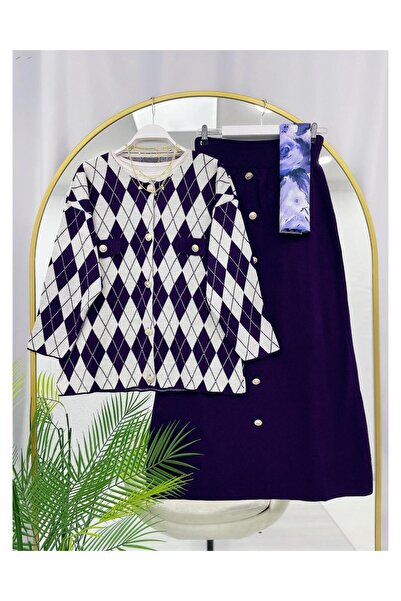 YEDİLALE Gold Buttoned Baklava Pattern Cardigan Skirt Knitwear Double Set [Jacket and Skirt Are Included in the Price.]