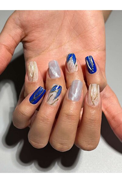 NailsTell 100100 M Beden Mavi Rakı Beyazı Simli Protez Jel Takma Tırnak Ve Ak...