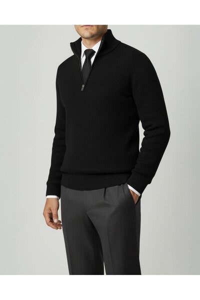 TerziAdemAltun Italian Style S Slim Fit Zipper Polo Neck Knitwear Sweater Black T14944