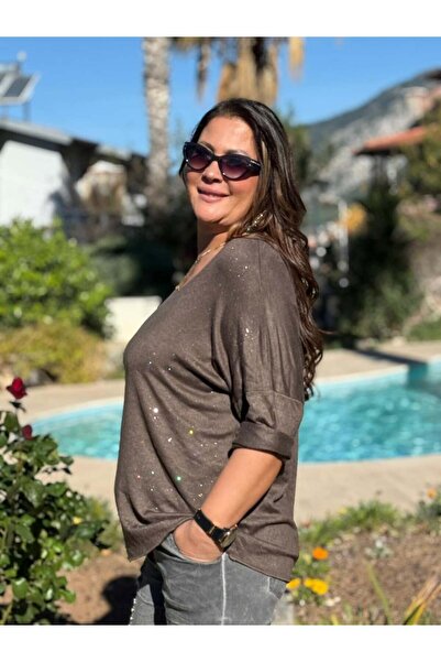 Punta Otantik NC82581 Πλεκτό μπλουζάκι με λαιμόκοψη σε σχήμα V καφέ