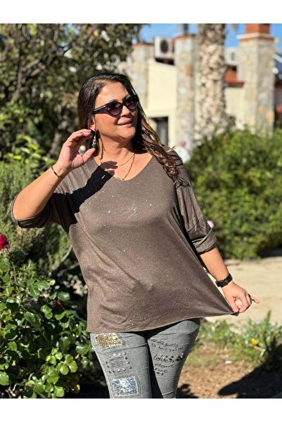 Punta Otantik NC82581 Πλεκτό μπλουζάκι με λαιμόκοψη σε σχήμα V καφέ