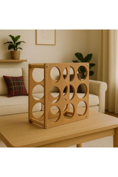 AYBİ DEKOR TEZGAH VE MASA ÜSTÜ AHŞAP ŞARAPLIK STANDI / ŞİŞE STANDI AÇIK MEŞE MDFLAM 9 GÖZLÜ