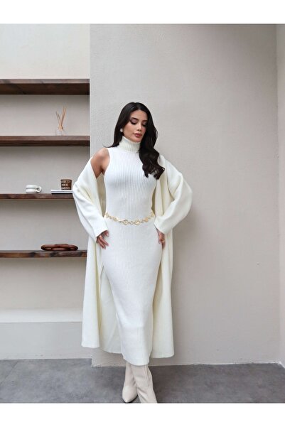 ESRAHELVACI Corded Fabric Turtleneck Dress Cardigan Set