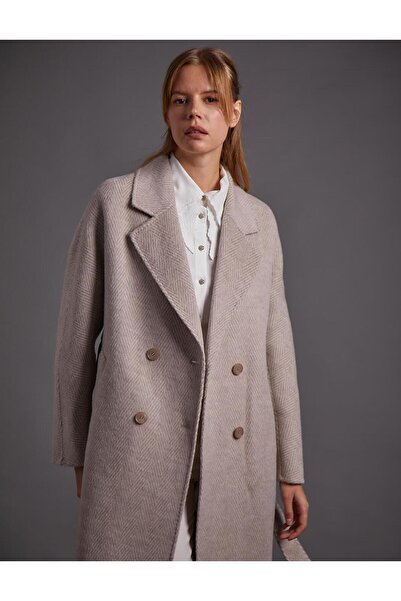 Kayra Premium Yün Erkek Yaka Kuşaklı Kaban Vizon KA-A23-17034B-47