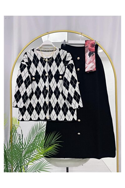 YEDİLALE Gold Buttoned Baklava Pattern Cardigan Skirt Knitwear Double Set [Jacket and Skirt Are Included in the Price.]