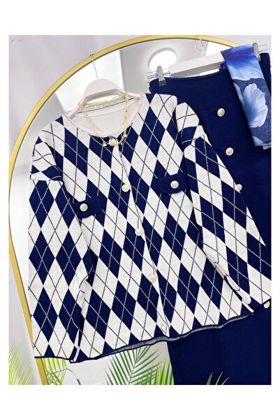 YEDİLALE Gold Buttoned Baklava Pattern Cardigan Skirt Knitwear Double Set [Jacket and Skirt Are Included in the Price.]