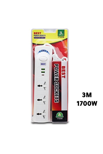 Generic 3-port power strip with USB port 3 meters