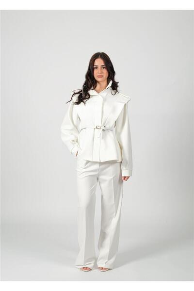 NIXIE COLLECTION Kemer Detaylı Vatkalı Beyaz Ceket