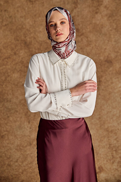 Setrms Taş Detaylı Gömlek Yaka Şifon Tunik