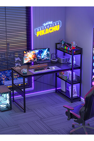 Bangiga Study Desk with Bookshelf, Office Table with Storage Shelves,Carbon Fiber Desktop Computer Desk