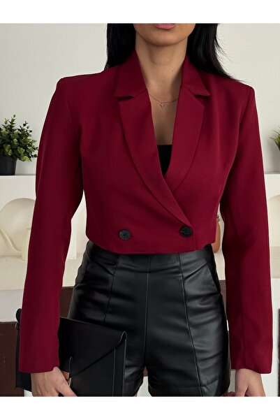 Bukamiss Women's Double-Breasted Crop Blazer Jacket Burgundy