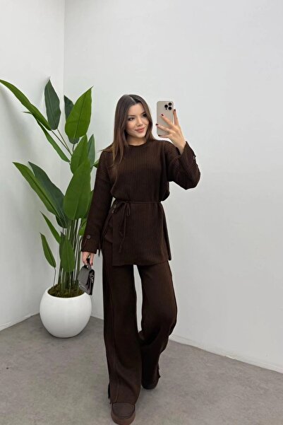Yefrastore Women's Brown Belted Button Detailed Sweater Pants 2-Piece Knitwear Set