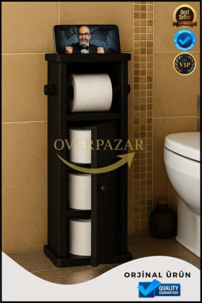 Overbazaar Ahşap Kapaklı WC Kağıtlık – 3’lü Depolama Alanlı, Telefon Bölmeli ...
