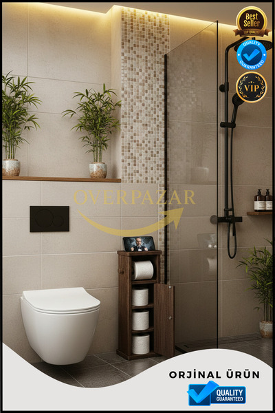 Overbazaar Ahşap Kapaklı WC Kağıtlık – 3’lü Depolama Alanlı, Telefon Bölmeli ...
