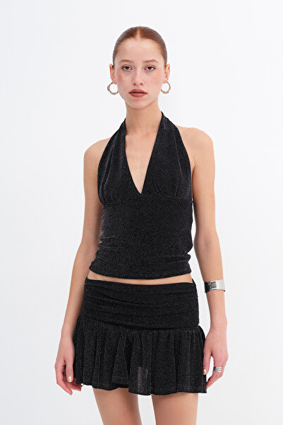 Addax Shiny Thread Halter Neck Blouse A12507