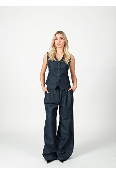 NIXIE COLLECTION Lacivert Denim Palazzo Pantolon Yelek Takım
