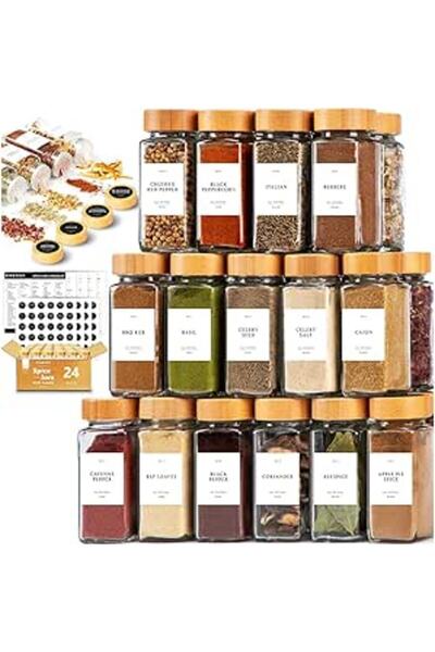 ALMEKAQUZ 24-Piece 4oz Glass Spice Jars with Bamboo Lids & Labels