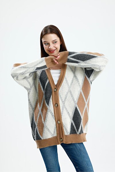 dgs look Colorful Fleece-Lined Diamond Patterned Oversized Button Knitwear Women's Cardigan Biscuit