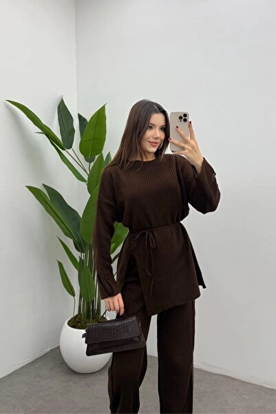 Yefrastore Women's Brown Belted Button Detailed Sweater Pants 2-Piece Knitwear Set