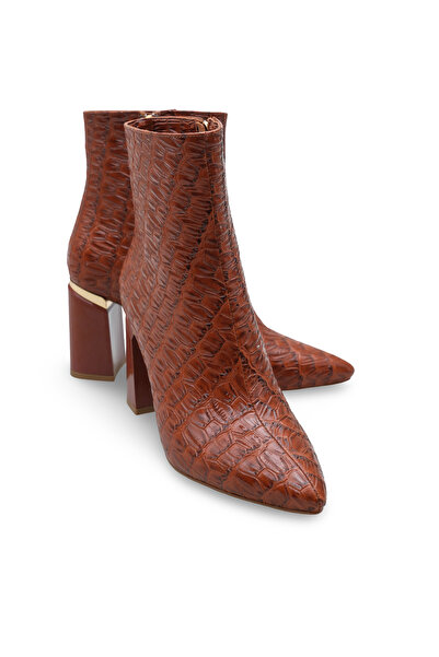 Women Lay-z Women's Tan Crocodile Pointed Toe Boots, 8.5 cm Heel, Stylish, Modern, and Powerful Style with Gold Detail.