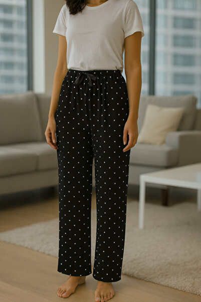 Made By me Büyük Beden Siyah Puantiyeli Viskon Kadın Pijama Altı – Rahat Kesim