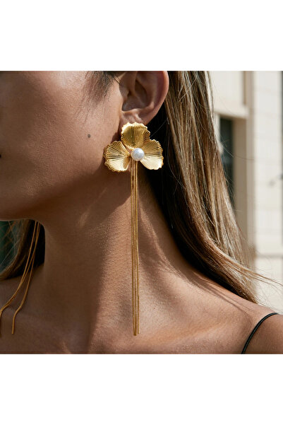 Eva Grace Ilithya earrings, golden, long, with pearls and floral pattern, made of stainless steel