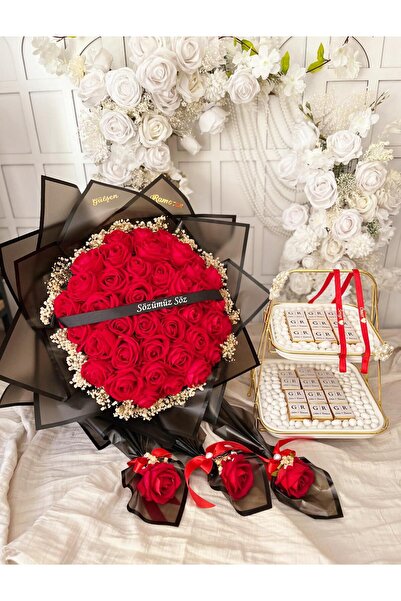 m ticaret 41li Kırmızı Kadife Gül Buketi ve 2 Katlı Kız İsteme Çikolatası Kiş...