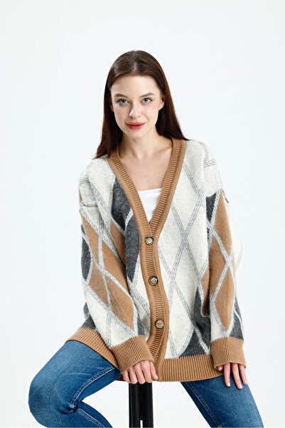 dgs look Colorful Fleece-Lined Diamond Patterned Oversized Button Knitwear Women's Cardigan Biscuit