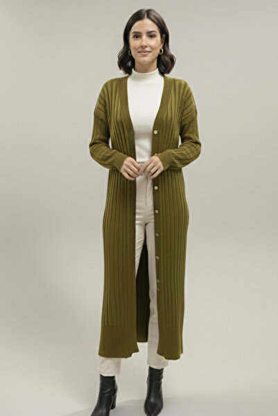 benguen Patterned Long Mercerized Cardigan N3257 Oil Green