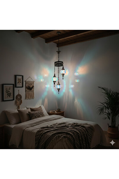 BAZARİA 3'lü Sarkıt Avize Türk Osmanlı Mozaik Lamba El Yapımı Otantik Bohem D...