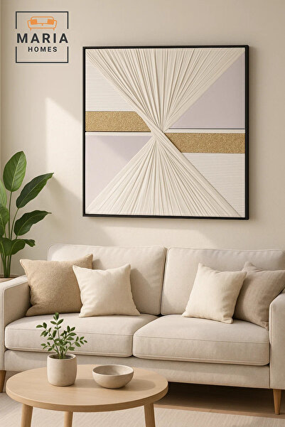 MARIA HOMES White and Gold Square Abstract Wall Art Luxury Textured Modern Decor for Living Room 100*100CM