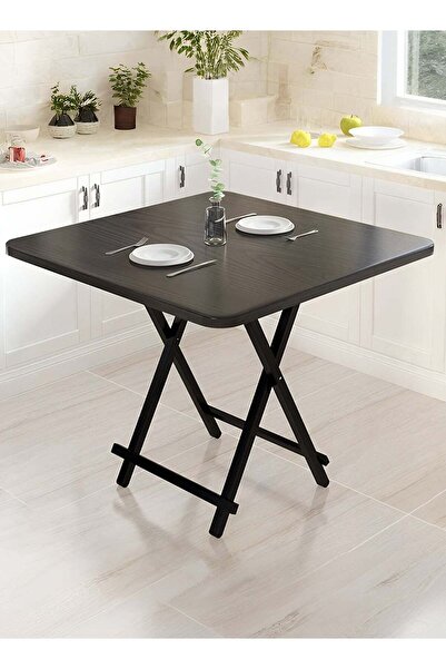 Taimi Folding Dining Table 80x80x74cm with Wooden Top & Metal Legs, Portable Table with a Modern Black