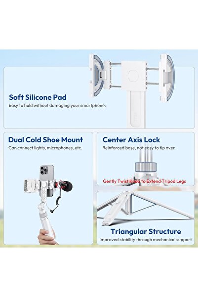 ulanzi TT88 Magnetic Tripod 57" Extendable Selfie Stick w/ Remote, 2-in-1 Phone Clip, Dual Cold Shoe