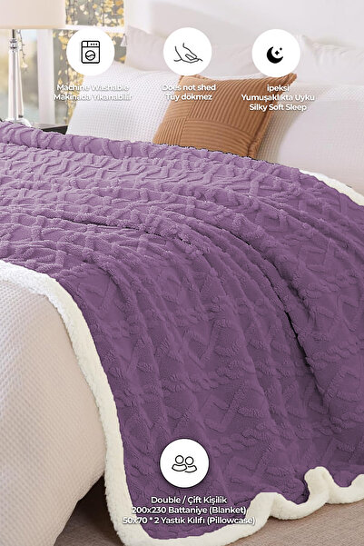 Evlen Home Collection Pufly Jacquard Sherpa Blanket Set Double Size 3 Pieces Soft Plush Wellsoft Bedspread Lilac