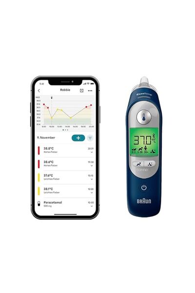 Braun ThermoScan 7+ Connect Ear Thermometer - Bluetooth, Age Precision, Colour-Coded Display