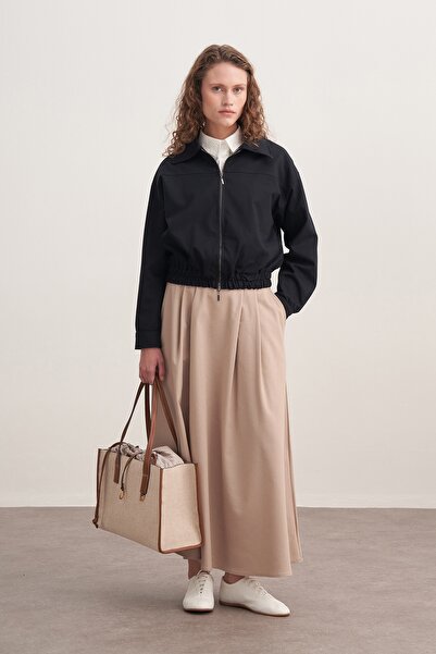 EBU Prive Women's Gabardine Double Pleated Skirt Beige