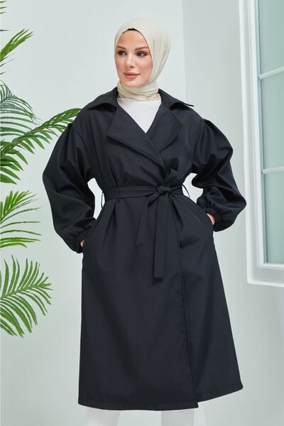 Nika Fashion Women's Black Balloon Sleeve Trench with Tie Waist